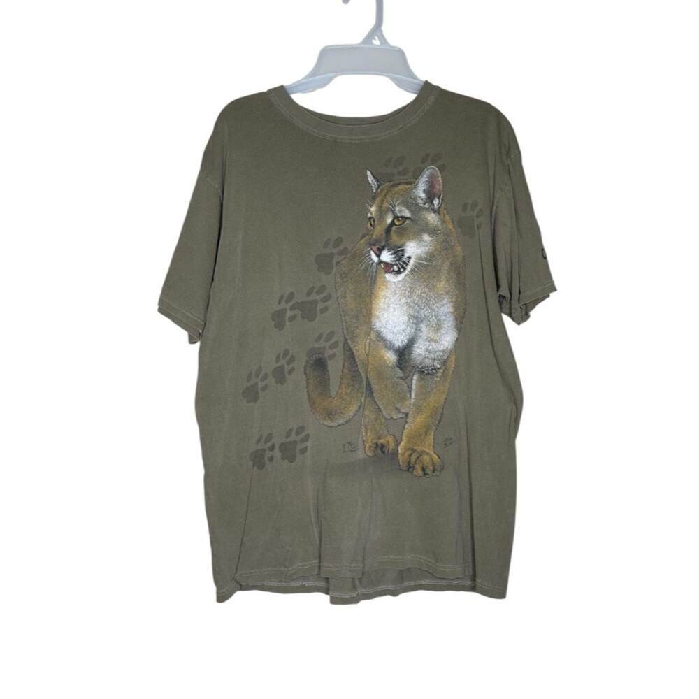 Vintage Y2K 2000 green Mountain Lion Graphic Cat T-Shirt medium